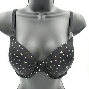 Victorias Secret 34D Bra Lined Demi Black Metallic Gold Stars Glam Underwire